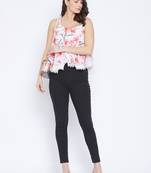 White and Peach Floral Printed Specti Flared Lace Top  and Adjustable streps for Better Fitting.