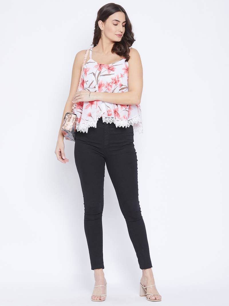 White and Peach Floral Printed Specti Flared Lace Top  and Adjustable streps for Better Fitting.