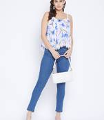 White and Blue Floral Printed Specti Flared Lace Top  and Adjustable streps for Better Fitting.