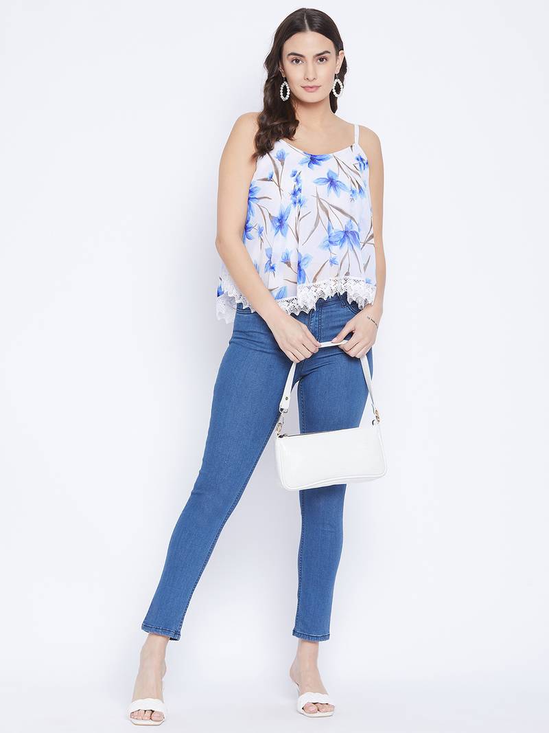 White and Blue Floral Printed Specti Flared Lace Top  and Adjustable streps for Better Fitting.