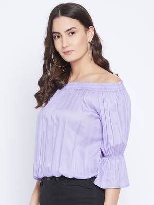 Lavender Mos Rayon Off Shoulder Bardot Top   Gathered style Bishop Sleeves and Adjustable 1