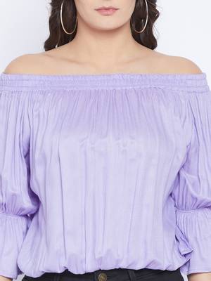 Lavender Mos Rayon Off Shoulder Bardot Top   Gathered style Bishop Sleeves and Adjustable 2