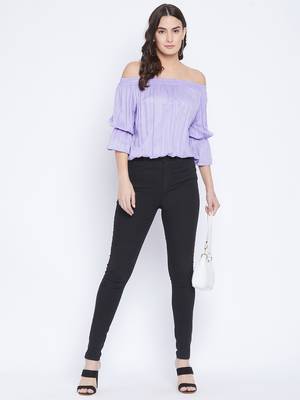 Lavender Mos Rayon Off Shoulder Bardot Top   Gathered style Bishop Sleeves and Adjustable 3