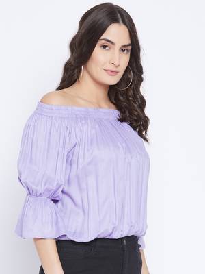 Lavender Mos Rayon Off Shoulder Bardot Top   Gathered style Bishop Sleeves and Adjustable 4