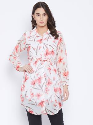 White and Peach Printed Tunic   Shirt Collar  Bishop Sleeves  Gathered detail  has attached Lining and Buttone Closure 1