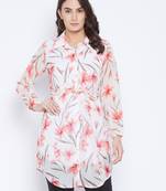 White and Peach Printed Tunic   Shirt Collar  Bishop Sleeves  Gathered detail  has attached Lining and Buttone Closure