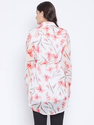 White and Peach Printed Tunic   Shirt Collar  Bishop Sleeves  Gathered detail  has attached Lining and Buttone Closure 2