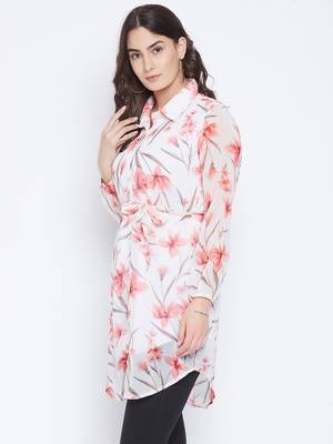 White and Peach Printed Tunic   Shirt Collar  Bishop Sleeves  Gathered detail  has attached Lining and Buttone Closure 3
