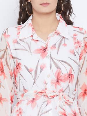 White and Peach Printed Tunic   Shirt Collar  Bishop Sleeves  Gathered detail  has attached Lining and Buttone Closure 4