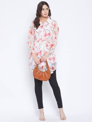 White and Peach Printed Tunic   Shirt Collar  Bishop Sleeves  Gathered detail  has attached Lining and Buttone Closure 5