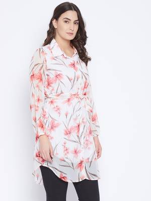 White and Peach Printed Tunic   Shirt Collar  Bishop Sleeves  Gathered detail  has attached Lining and Buttone Closure 6