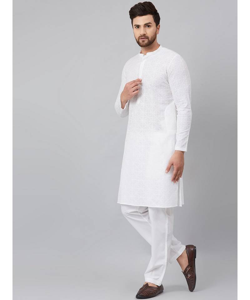 White Green Chikankari Embroidered Woven Design Straight cotton Kurta