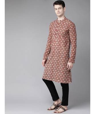 Men Maroon And Beige Hand Block Print Sustainable Straight cotton Kurta 1