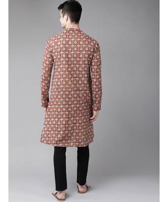 Men Maroon And Beige Hand Block Print Sustainable Straight cotton Kurta 3