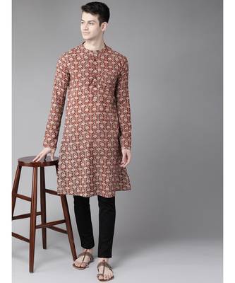 Men Maroon And Beige Hand Block Print Sustainable Straight cotton Kurta 4