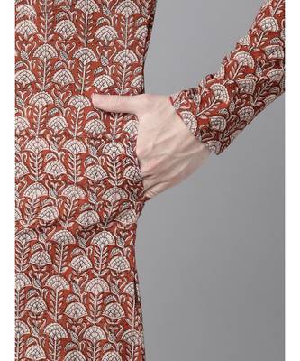 Men Maroon And Beige Hand Block Print Sustainable Straight cotton Kurta 5