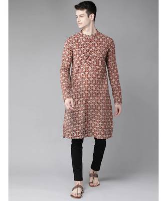 Men Maroon And Beige Hand Block Print Sustainable Straight cotton Kurta 6