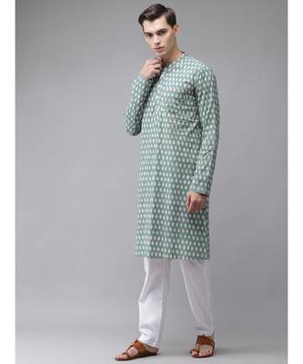 Men Green And Beige Hand Block Print Sustainable Straight cotton Kurta 4