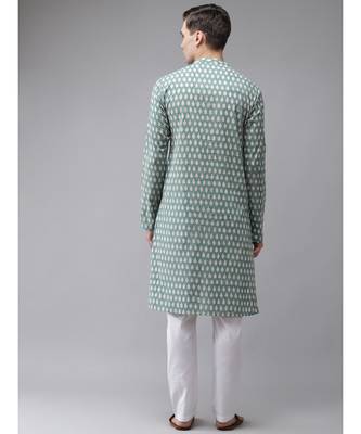 Men Green And Beige Hand Block Print Sustainable Straight cotton Kurta 5