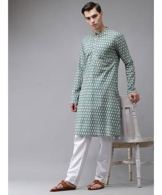 Men Green And Beige Hand Block Print Sustainable Straight cotton Kurta 6