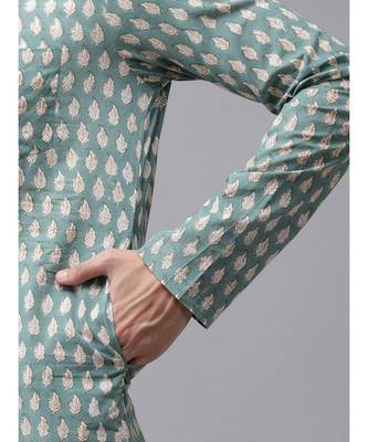 Men Green And Beige Hand Block Print Sustainable Straight cotton Kurta 7