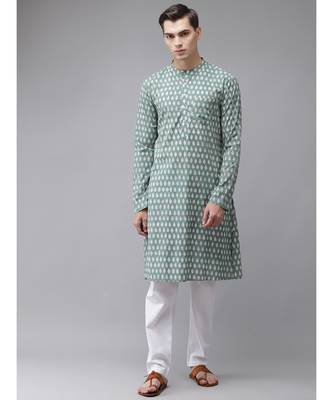 Men Green And Beige Hand Block Print Sustainable Straight cotton Kurta 1
