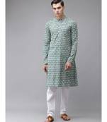 Men Green And Beige Hand Block Print Sustainable Straight cotton Kurta
