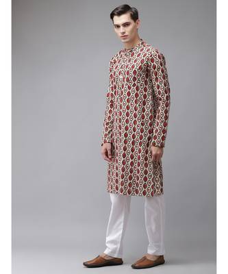 Men Beige And Black Hand Block Print Sustainable Straight cotton Kurta 4