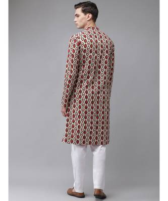 Men Beige And Black Hand Block Print Sustainable Straight cotton Kurta 5