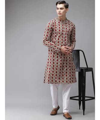 Men Beige And Black Hand Block Print Sustainable Straight cotton Kurta 6