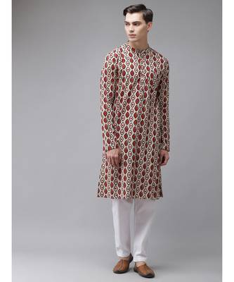 Men Beige And Black Hand Block Print Sustainable Straight cotton Kurta 1