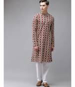 Men Beige And Black Hand Block Print Sustainable Straight cotton Kurta