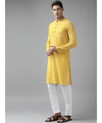 Men Yellow  Cotton  Straight cotton Kurta with Slub Effect 4