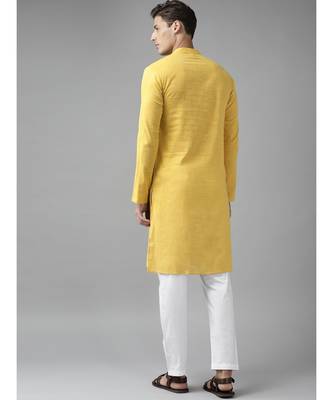 Men Yellow  Cotton  Straight cotton Kurta with Slub Effect 5