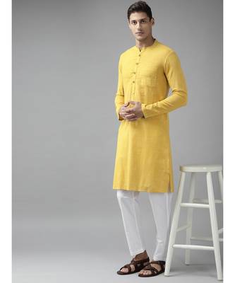 Men Yellow  Cotton  Straight cotton Kurta with Slub Effect 6