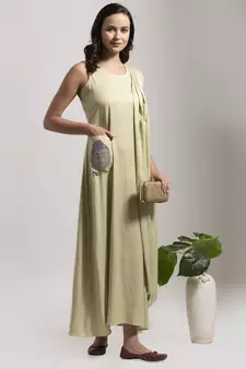 Green printed cotton long-dresses