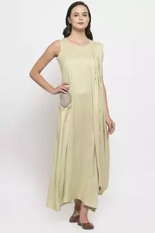 Green printed cotton long-dresses