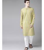 Men Yello And White Printed Straight cotton Kurta