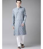 Men Grey And White  Printed Straight cotton Kurta