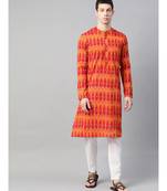 Men Orange & Red Ikat Woven Design Pure Cotton Handloom cotton Kurta With Pyjama
