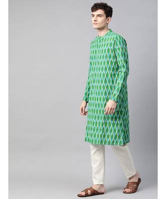 Men Green & Blue Handloom Ikat Woven Design Pure Cotton Straight cotton Kurta With Pyjama 3