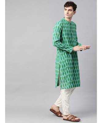 Men Green & Blue Handloom Ikat Woven Design Pure Cotton Straight cotton Kurta With Pyjama 4