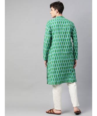 Men Green & Blue Handloom Ikat Woven Design Pure Cotton Straight cotton Kurta With Pyjama 5