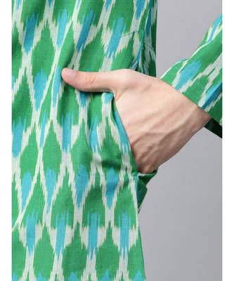 Men Green & Blue Handloom Ikat Woven Design Pure Cotton Straight cotton Kurta With Pyjama 6