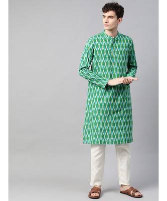 Men Green & Blue Handloom Ikat Woven Design Pure Cotton Straight cotton Kurta With Pyjama 1