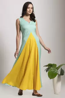 Yellow plain cotton long-dresses