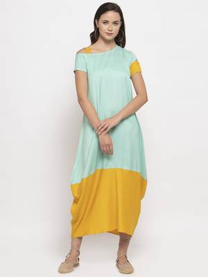 Blue plain cotton long-dresses 4