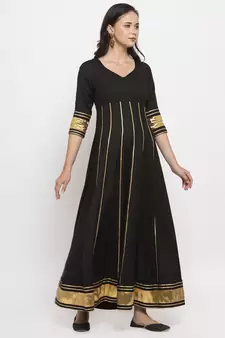 Black plain cotton long-dresses