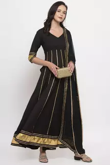 Black plain cotton long-dresses