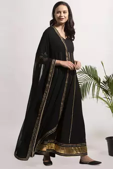 Black plain cotton long-dresses